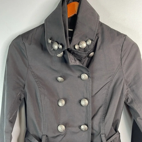 BLACK RIVET Double Breasted Short Trench Coat Jacket Black Sash Tie Belt Size M - Picture 3 of 14